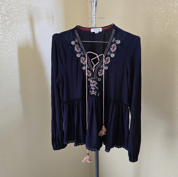 Taylor & Sage BoHo Navy Blue Pullover Blouse - Picture 1 of 3